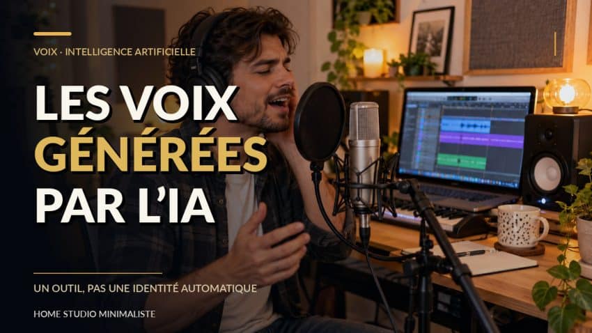 Les voix IA dans la musique — image noir et or Home Studio Minimaliste