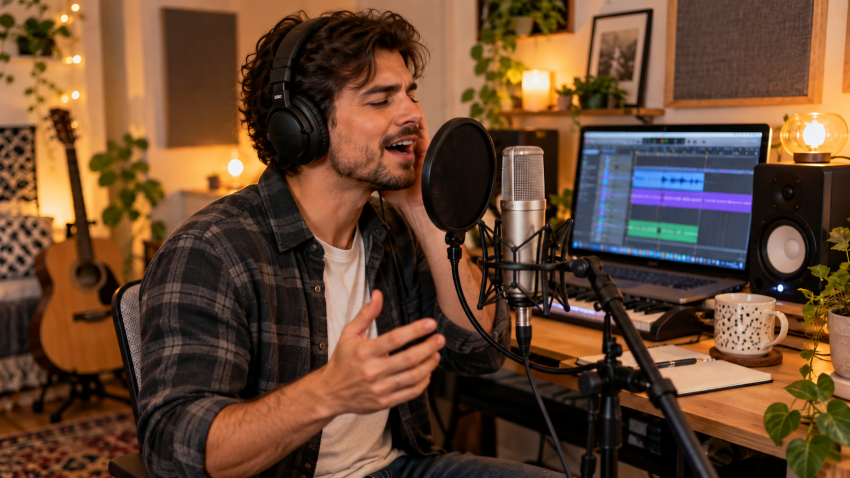Chanteur enregistrant sa voix au casque devant un microphone dans un home studio chaleureux