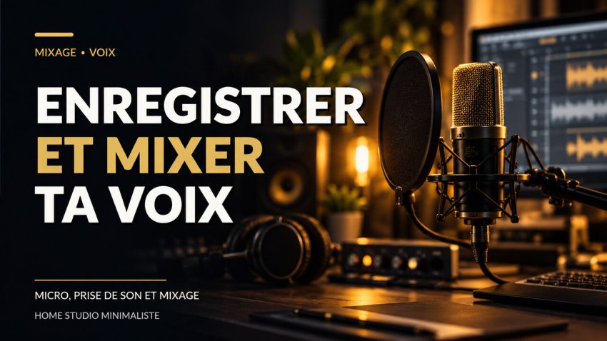 Microphone et filtre anti-pop devant un séquenceur pour enregistrer et mixer sa voix en home studio.